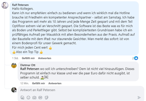 Empfehlung für OptiAufmass auf Facebook, April 2024